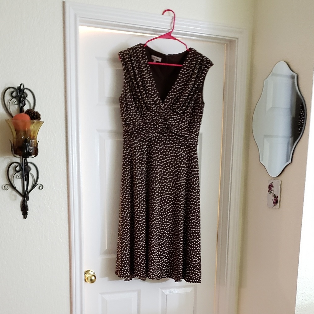 Pretty brown with beige polka dots dress.